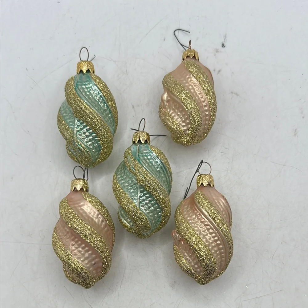 Vtg W Germany Gold Blue Glitter Christmas Glass Ornament Set 5 Collectible Swirl